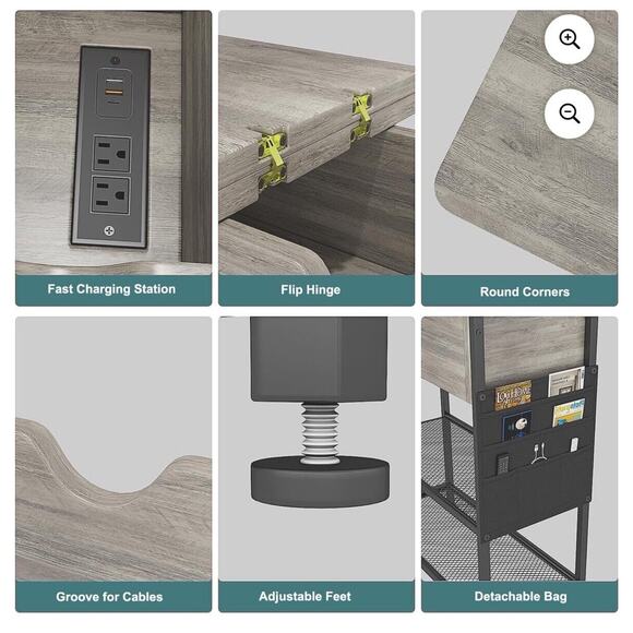 End Table with Fast Charging Station, Narrow Side USB Grey - Picture 4 of 7